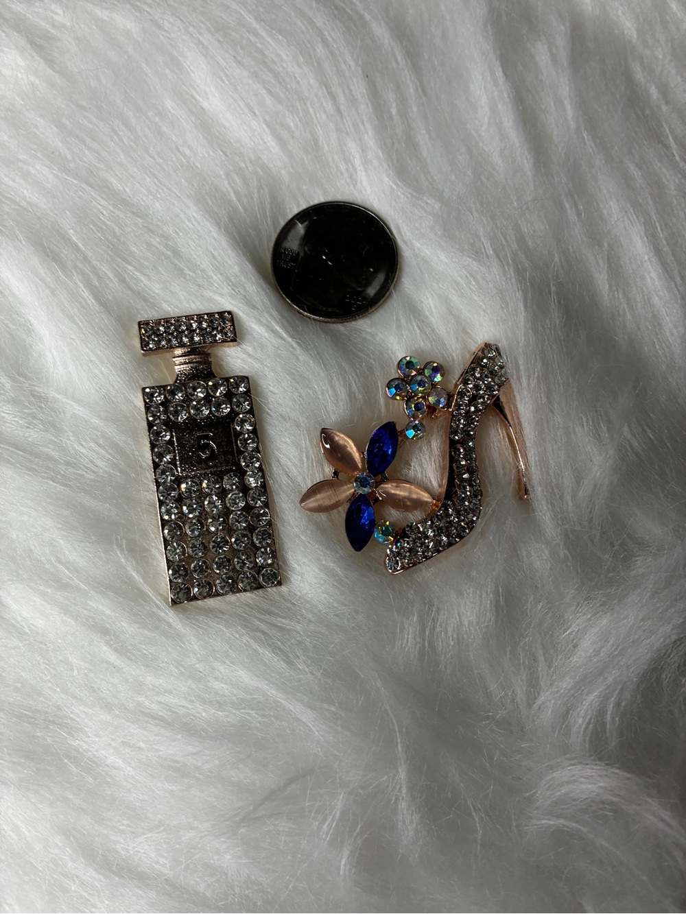 Crystal Pavé Perfume Bottle & High Heel Brooch Set - Rose Gold & Blue